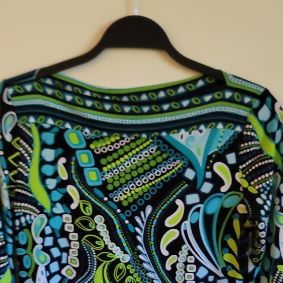 Vintage Blue and Green Sheath Dress with Crew Neck and Cuffed Sleeves - Picture 4 of 6